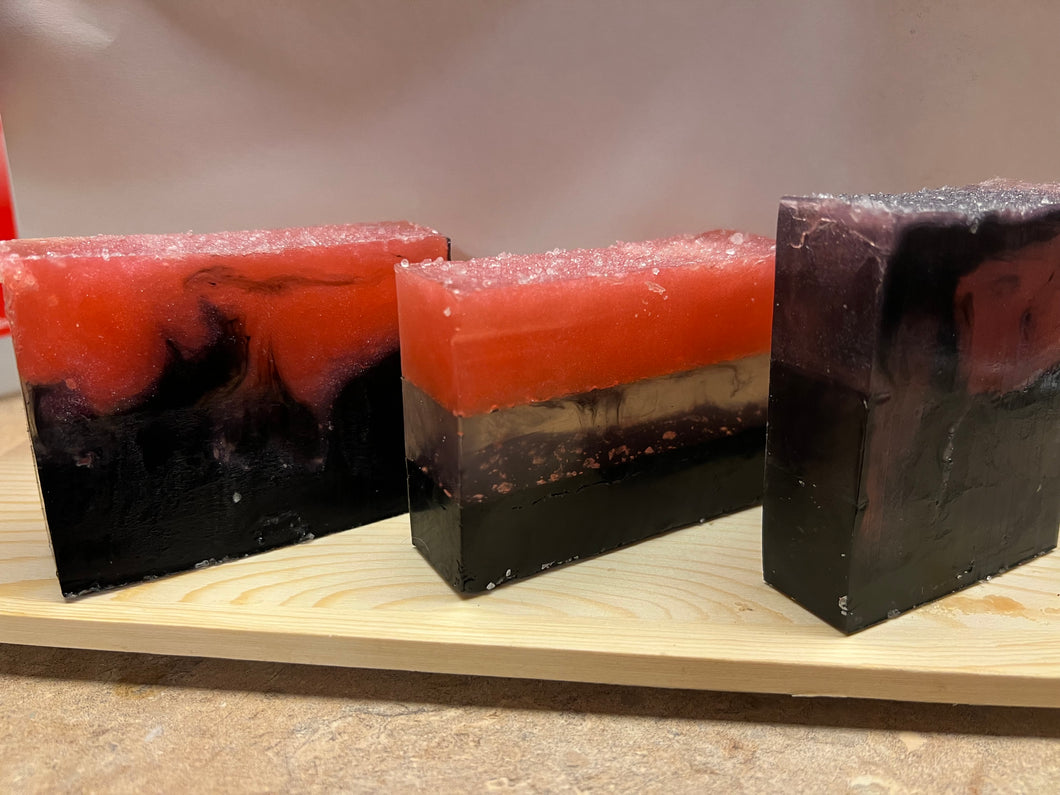 Peppermint Raspberry Oil Pink Himalayan Salt and Sea Salt and Activated Charcoal Exfoliating Soap 4.5oz.  Pre-Order